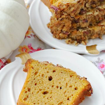 slice of really good pumpkin bread on pumpkin ceramic plate