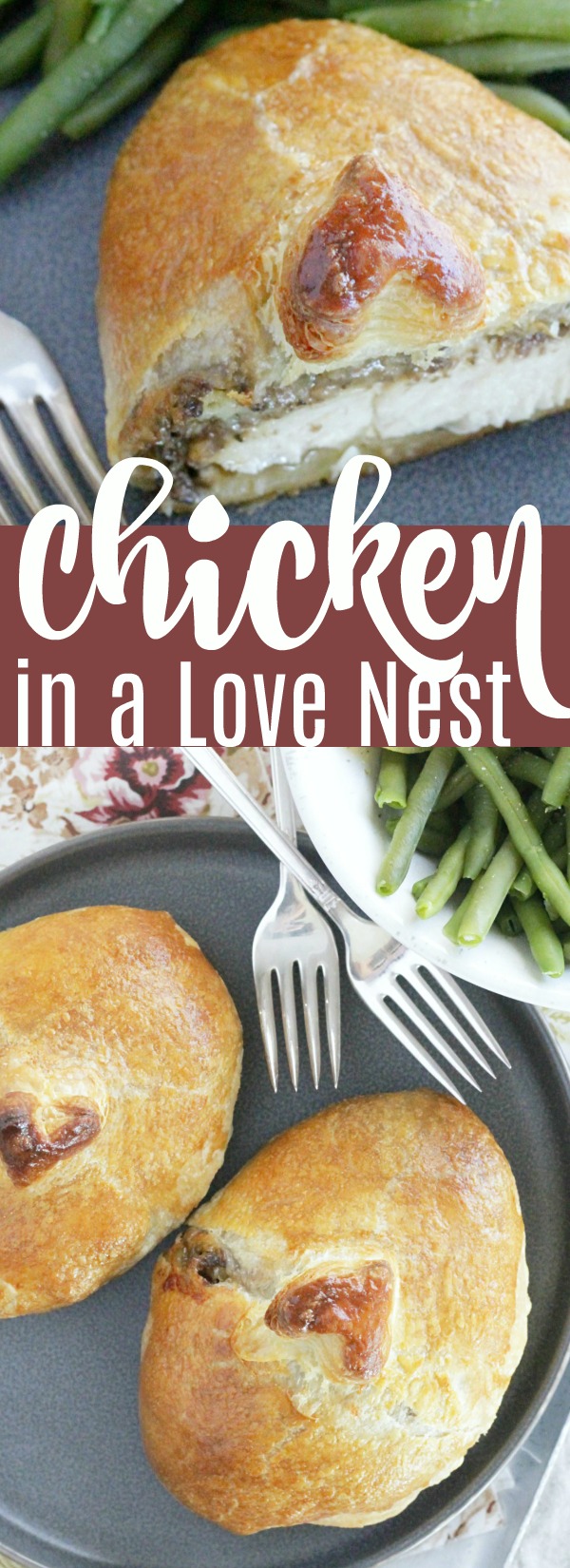 Chicken in a Love Nest is a delicious, French-inspired dish that is perfect for date night. Chicken breasts, brie cheese and mushrooms in a wine sauce are wrapped in puff pastry. via @foodtasticmom