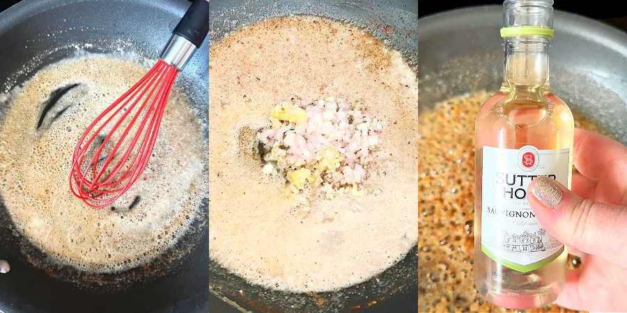 whisking the flour into the butter, adding the shallot and garlic, adding the wine