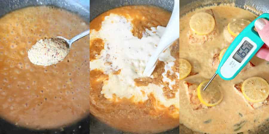 whisking in the Dijon mustard, cream and checking the temperature of the chicken