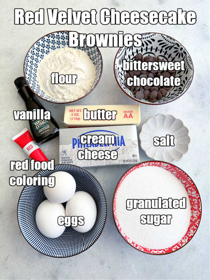 picture of ingredients needed to make red velvet cream cheese brownies