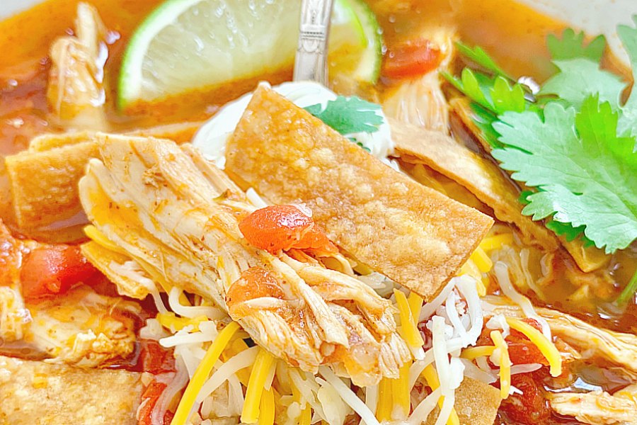 horizontal cropped shot of chicken tortilla soup topped with cheese and sour cream