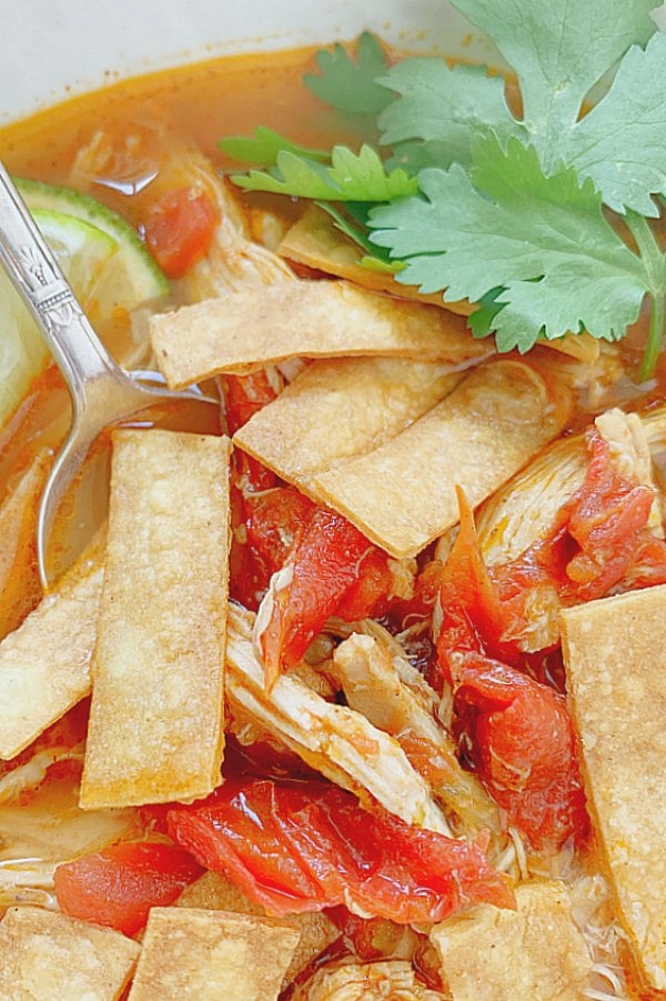 spoon dipping into chicken tortilla soup topped with tortilla strips