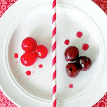 homemade and store bought maraschino cherries on a white plate