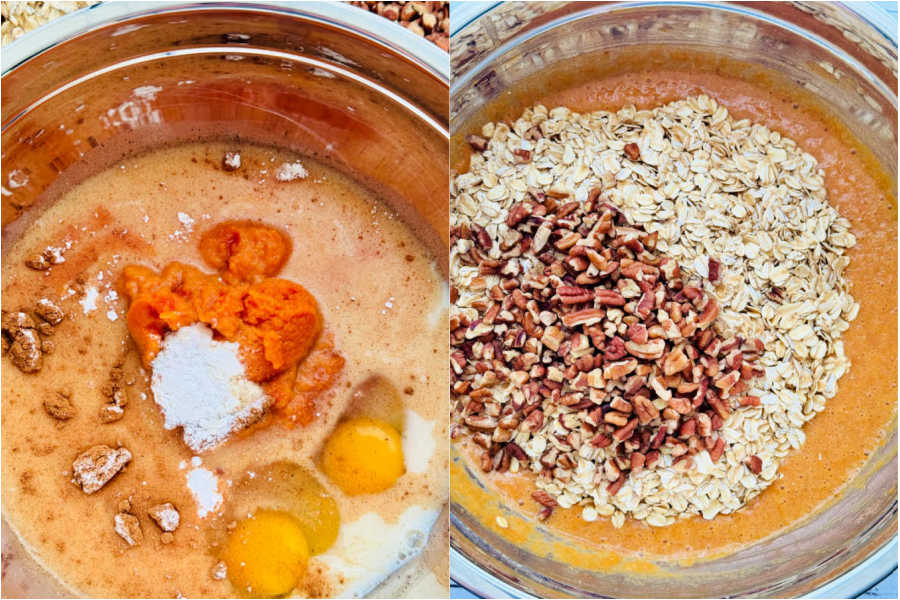 showing how to mix together the oatmeal ingredients to be ready to bake