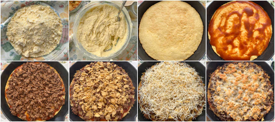 step by step pictures showing how to make the pizza crust and what order to top it in