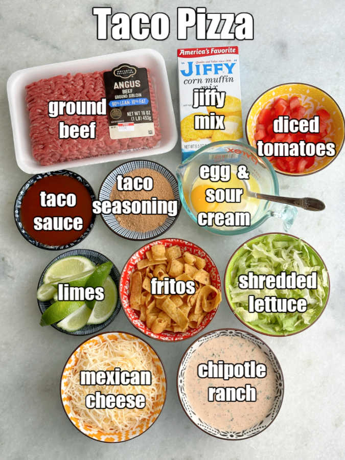 picture of all ingredients needed to make skillet taco pizza with a cornbread crust