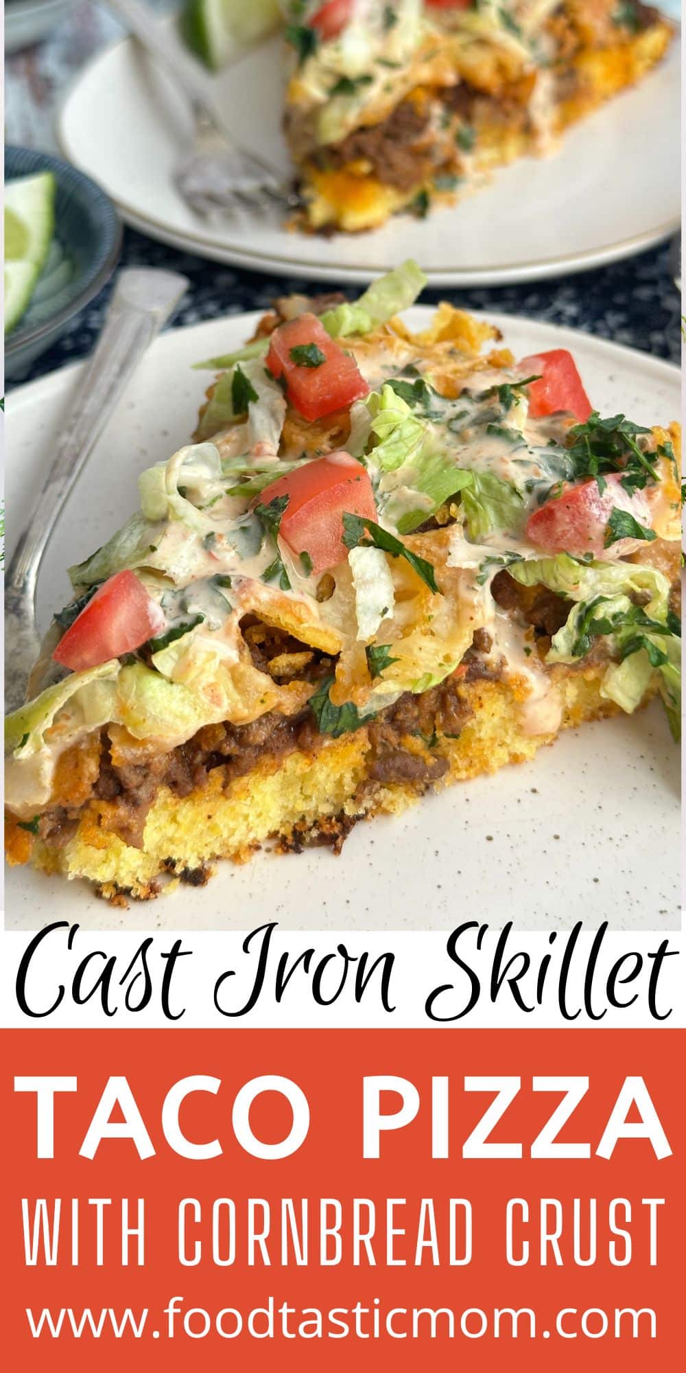 This skillet taco pizza recipe might just become a new favorite in your house! A tasty cornbread crust is topped with ground beef and your favorite taco toppings. via @foodtasticmom