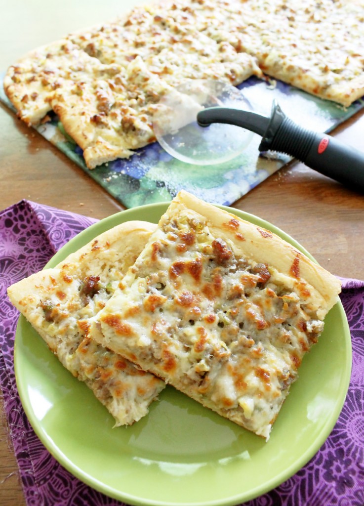 Layered Sausage and Artichoke Dip Pizza by Foodtastic Mom