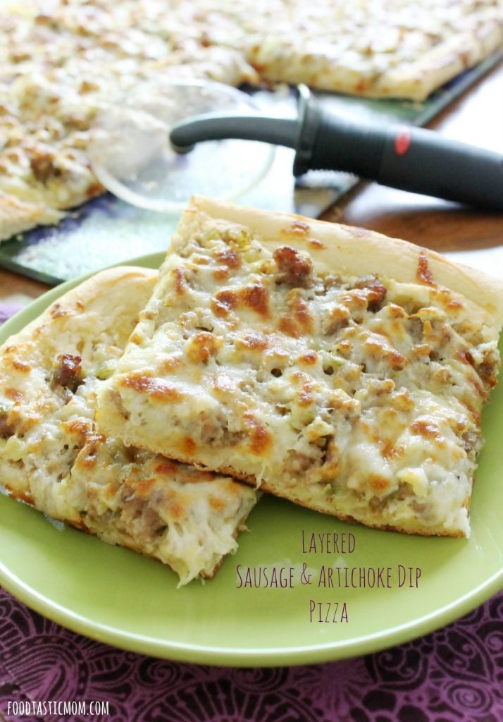 Layered Sausage and Artichoke Dip Pizza by Foodtastic Mom