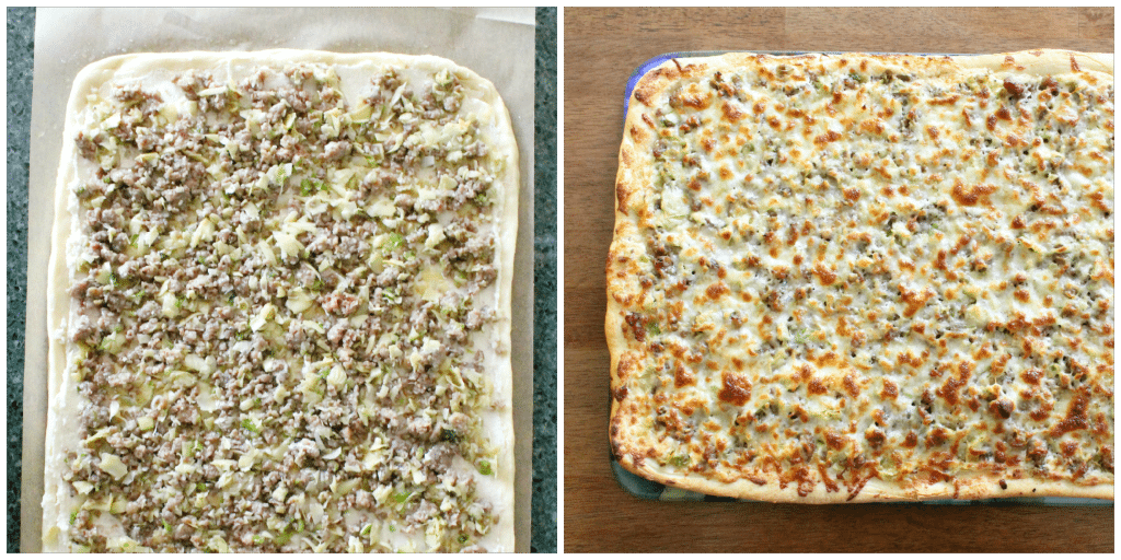 Layered Sausage and Artichoke Dip Pizza by Foodtastic Mom