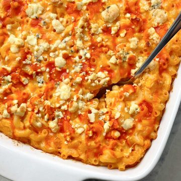 a pan of buffalo chicken mac and cheese, ready to serve