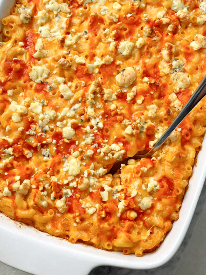 a pan of buffalo chicken mac and cheese, ready to serve