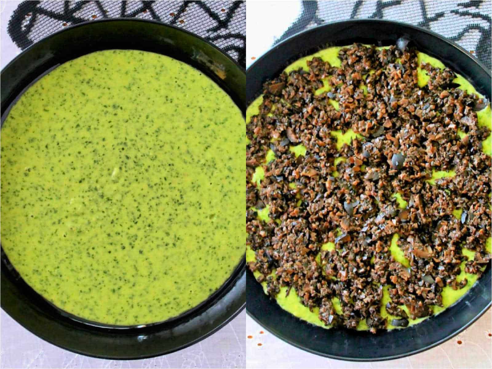 showing the homemade green hued hummus in a black bowl and then showing it being topped with chopped black olives