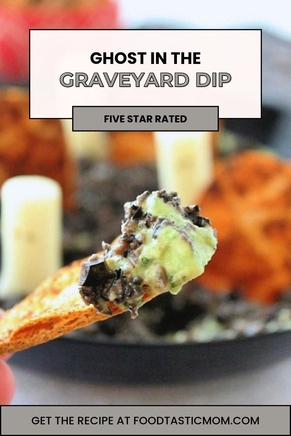 Halloween Dip is based on the classic 'ghost in the graveyard' game. Homemade bean dip is topped with black olive "dirt" and string cheese "ghosts". via @foodtasticmom