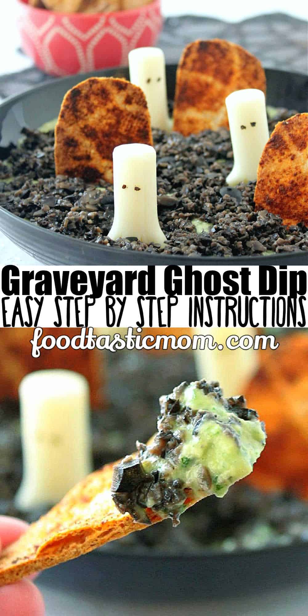 Ghost in the Graveyard Dip is a simple white bean and parsley hummus topped with finely chopped black olive. Mozzarella sting cheese ghosts and quick baked tortillas cut in the shape of grave stones make this a festive and healthy treat for ghosts and goblins of any age! via @foodtasticmom