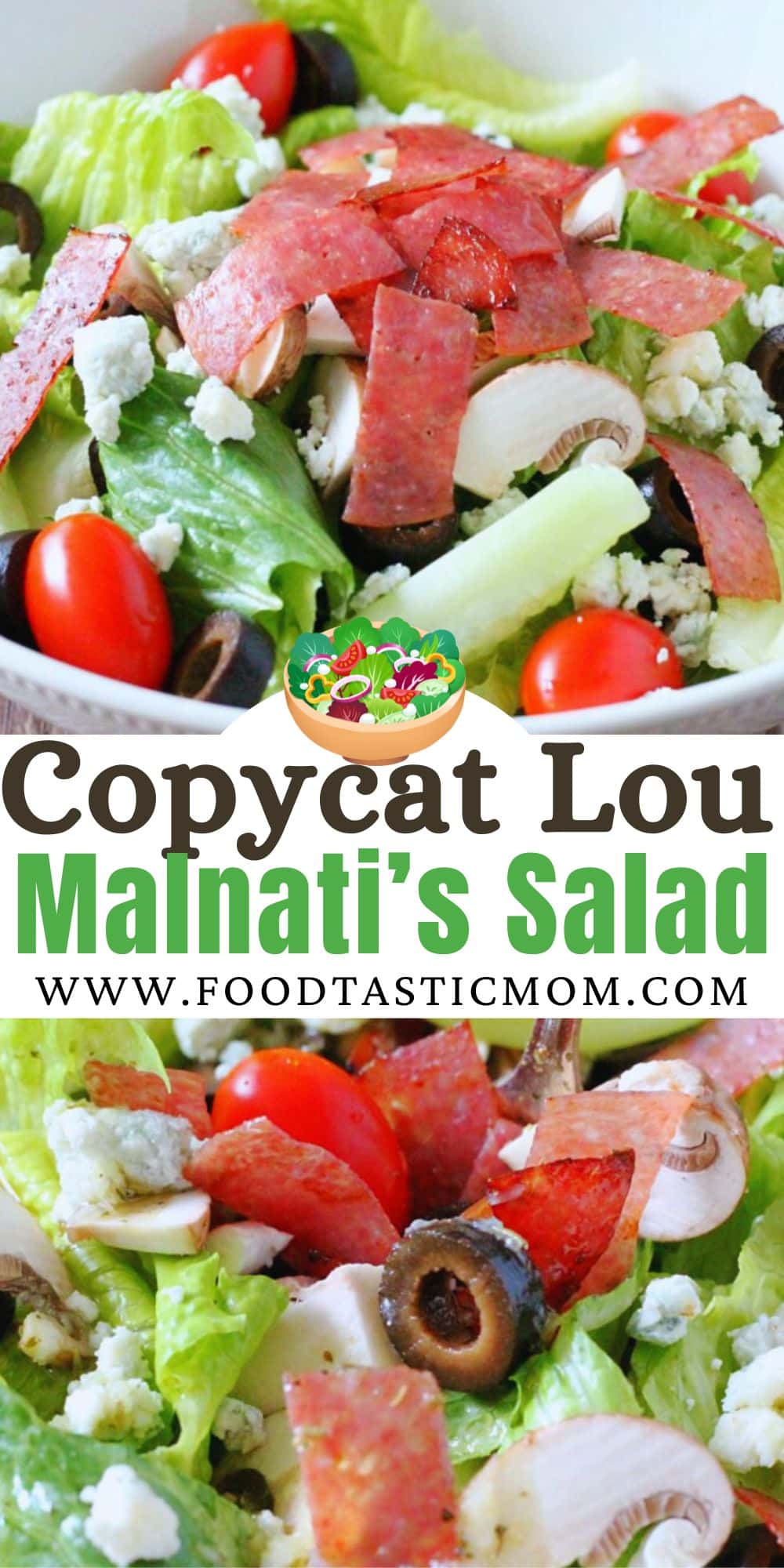 This copycat Lou Malnati's salad will help take you on a virtual trip to Chicago. Sweet Italian dressing tops romaine, tomatoes, mushrooms and black olives - the crispy salami helps to really make this a stand-out salad. via @foodtasticmom