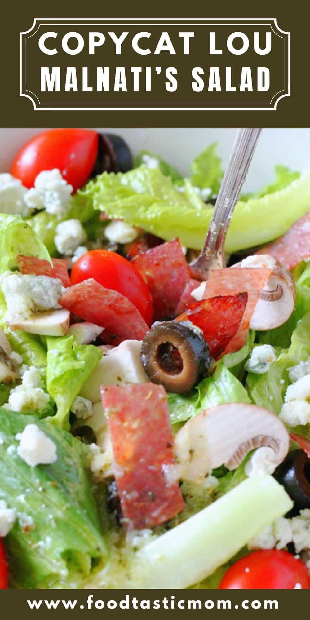 This copycat Lou Malnati's salad will help take you on a virtual trip to Chicago. Sweet Italian dressing tops romaine, tomatoes, mushrooms and black olives - the crispy salami helps to really make this a stand-out salad. via @foodtasticmom