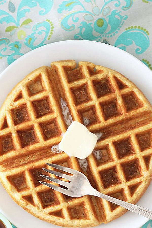 overhead view of whole grain belgian waffle