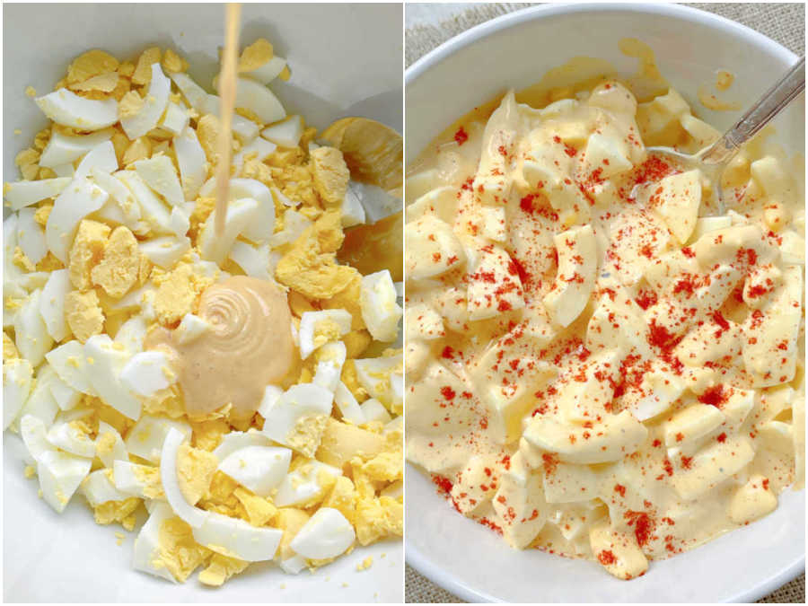 chopped eggs being mixed together with dressing to make deviled egg salad