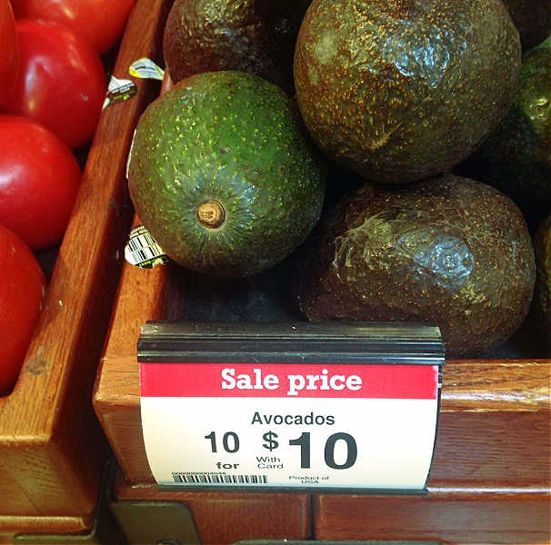 showing avocados on sale, 10 for $10