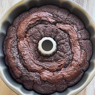 baked Guinness chocolate bundt cake still in the bundt pan