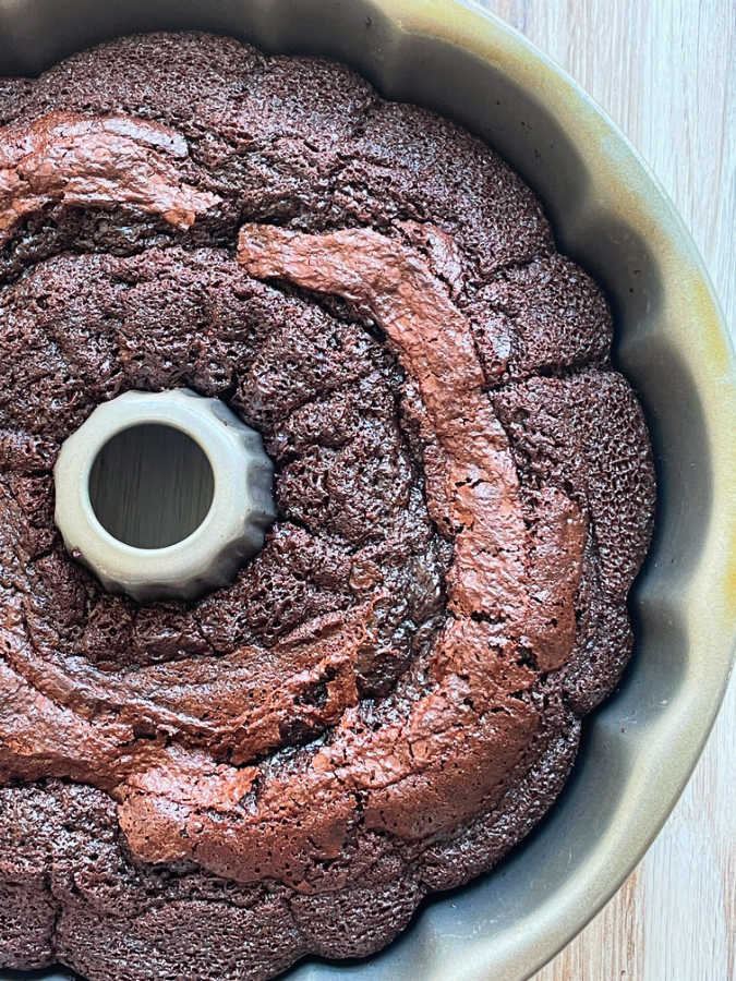 Guinness chocolate bundt cake in the pan