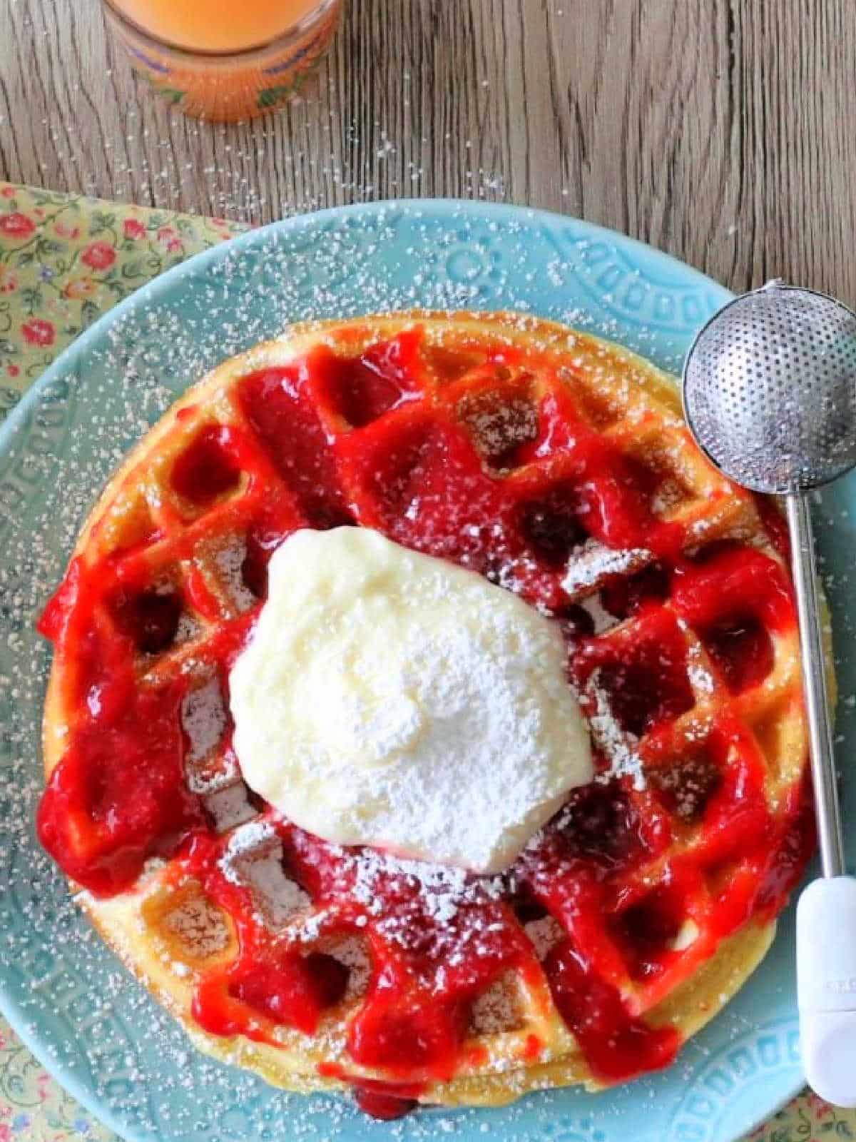 plated strawberry cheesecake waffle