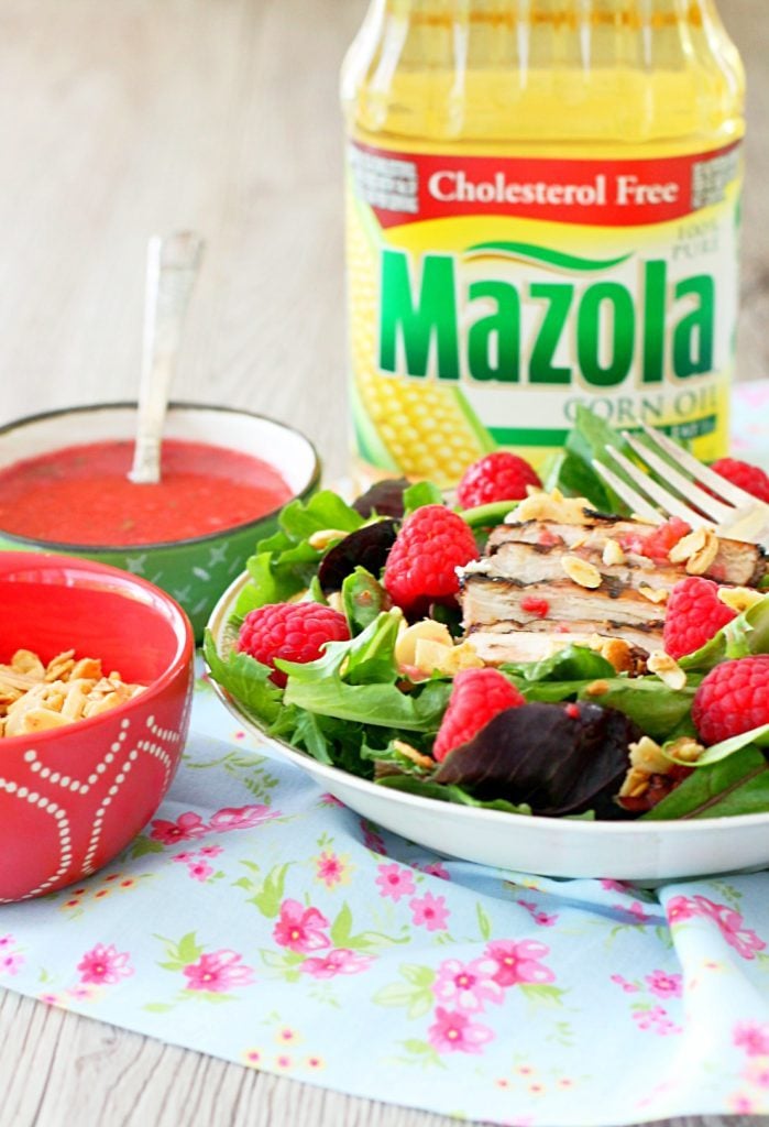 Raspberry Grilled Chicken Salad with Candied Cayenne Almonds by Foodtastic Mom #MazolaCornOil