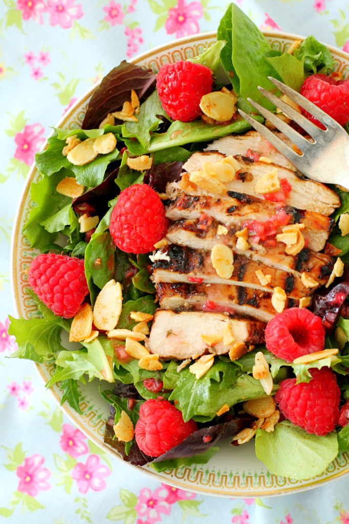 Raspberry Grilled Chicken Salad with Candied Cayenne Almonds by Foodtastic Mom #MazolaCornOil