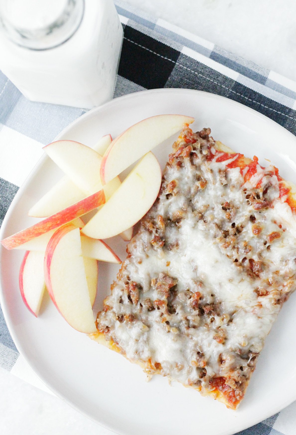 overhead view of a slice of school lunch pizza