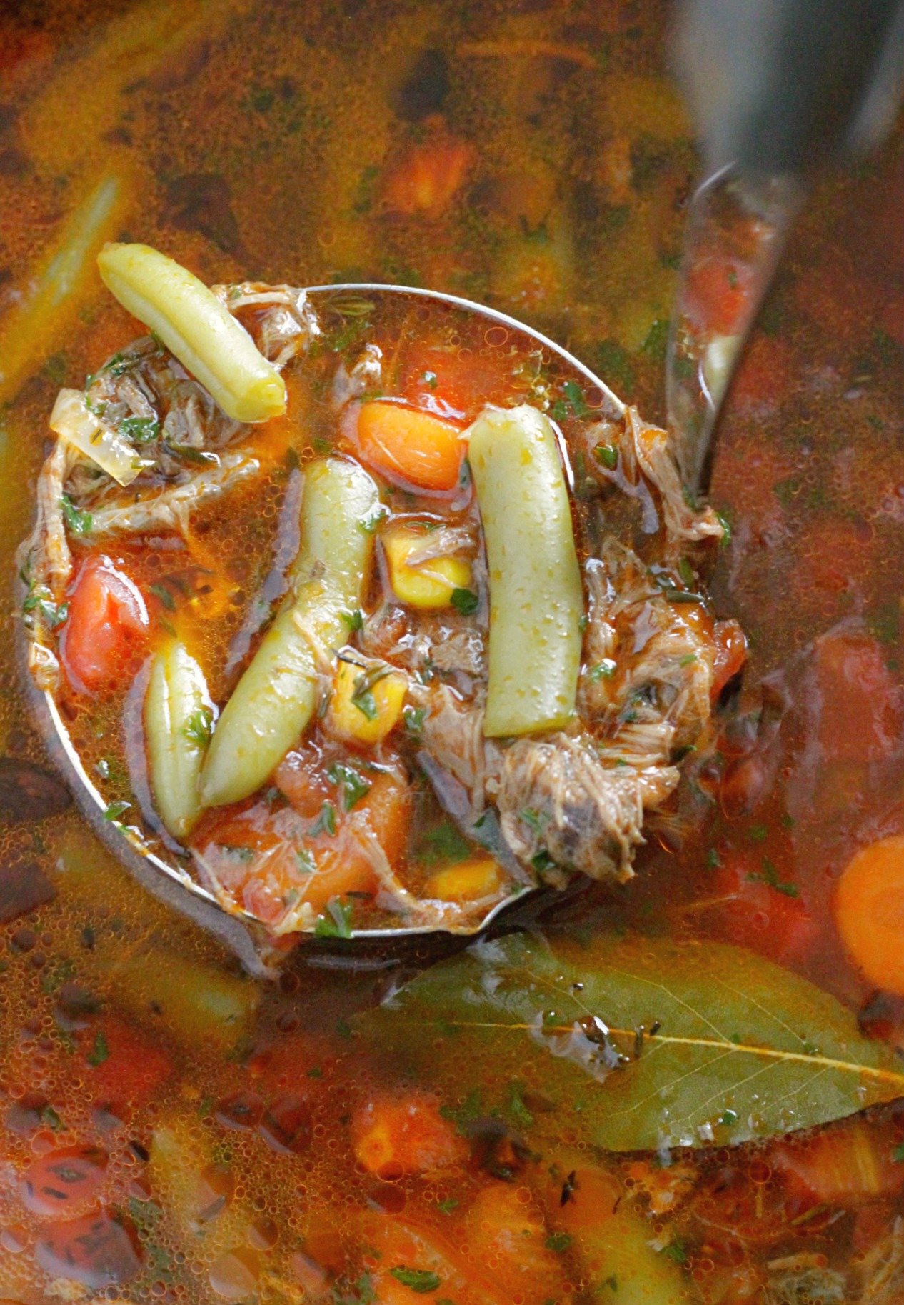 soup ladle filled with beef vegetable soup