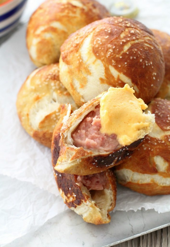 Sausage Stuffed Pretzels with Beer Cheese by Foodtastic Mom