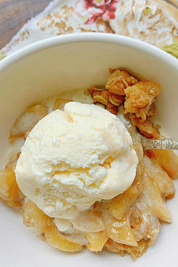 single serving of apple crisp in a bowl topped with vanilla ice cream