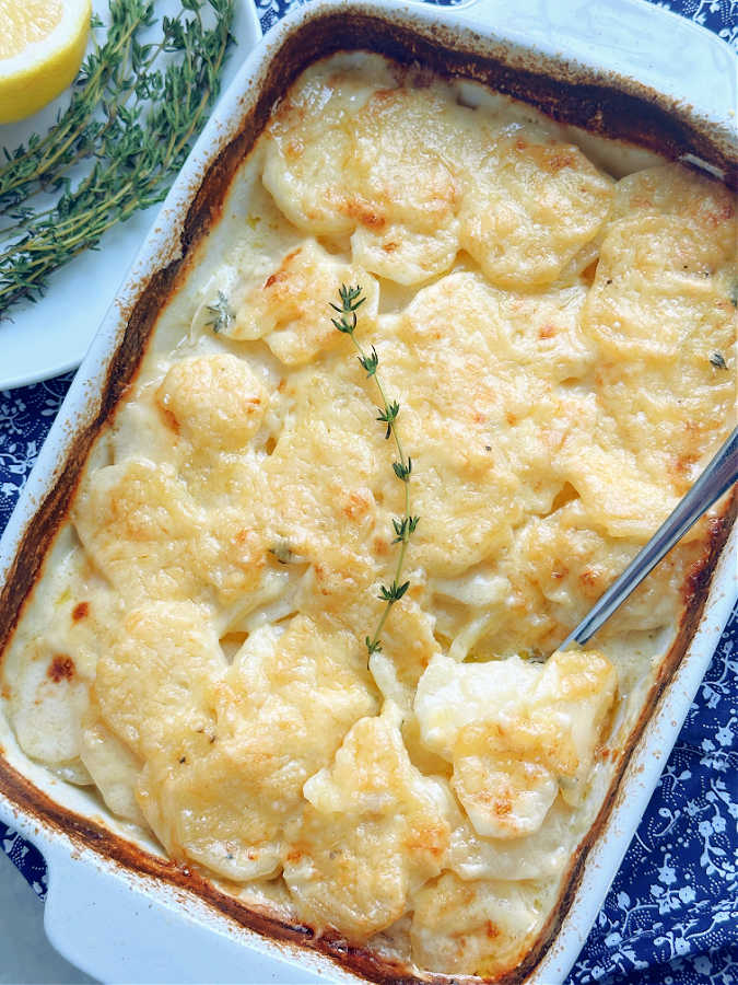 just baked potatoes dauphinoise in the casserole dish, ready to serve