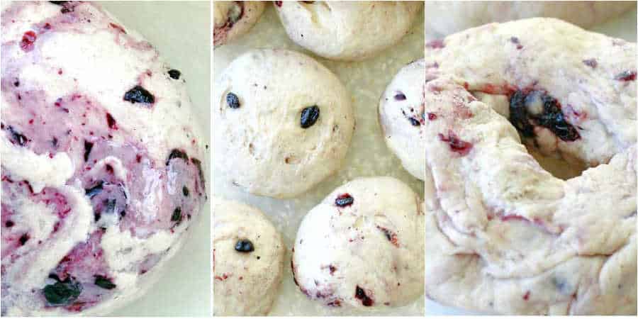 pictures of the dough being made into blueberry bagels