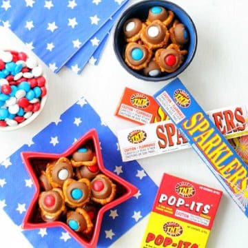 easy pretzel bites with rolo candy and red white and blue m&m's