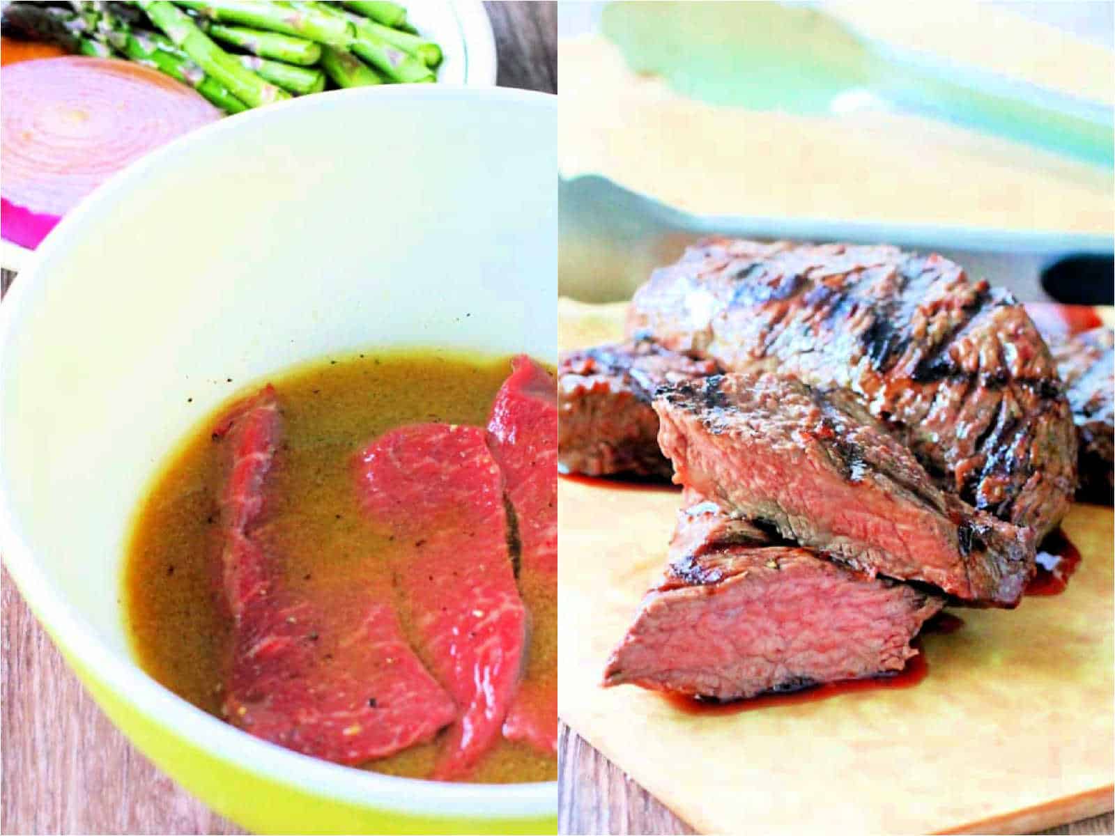 steak in a bowl of marinade and steak after being grilled and sliced