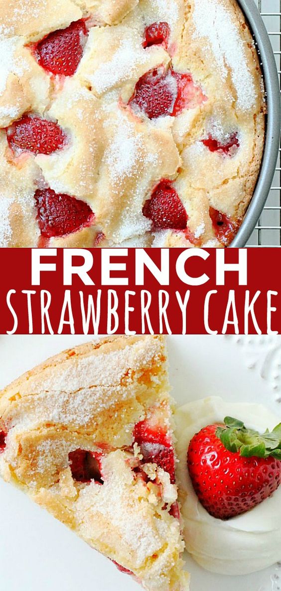 You are in for a treat with this French Strawberry Cake. Mixed in one bowl with the season's freshest strawberries, this cake bakes up with a custardy middle and crackly, sugary top. This cake has thousands of fans. via @foodtasticmom