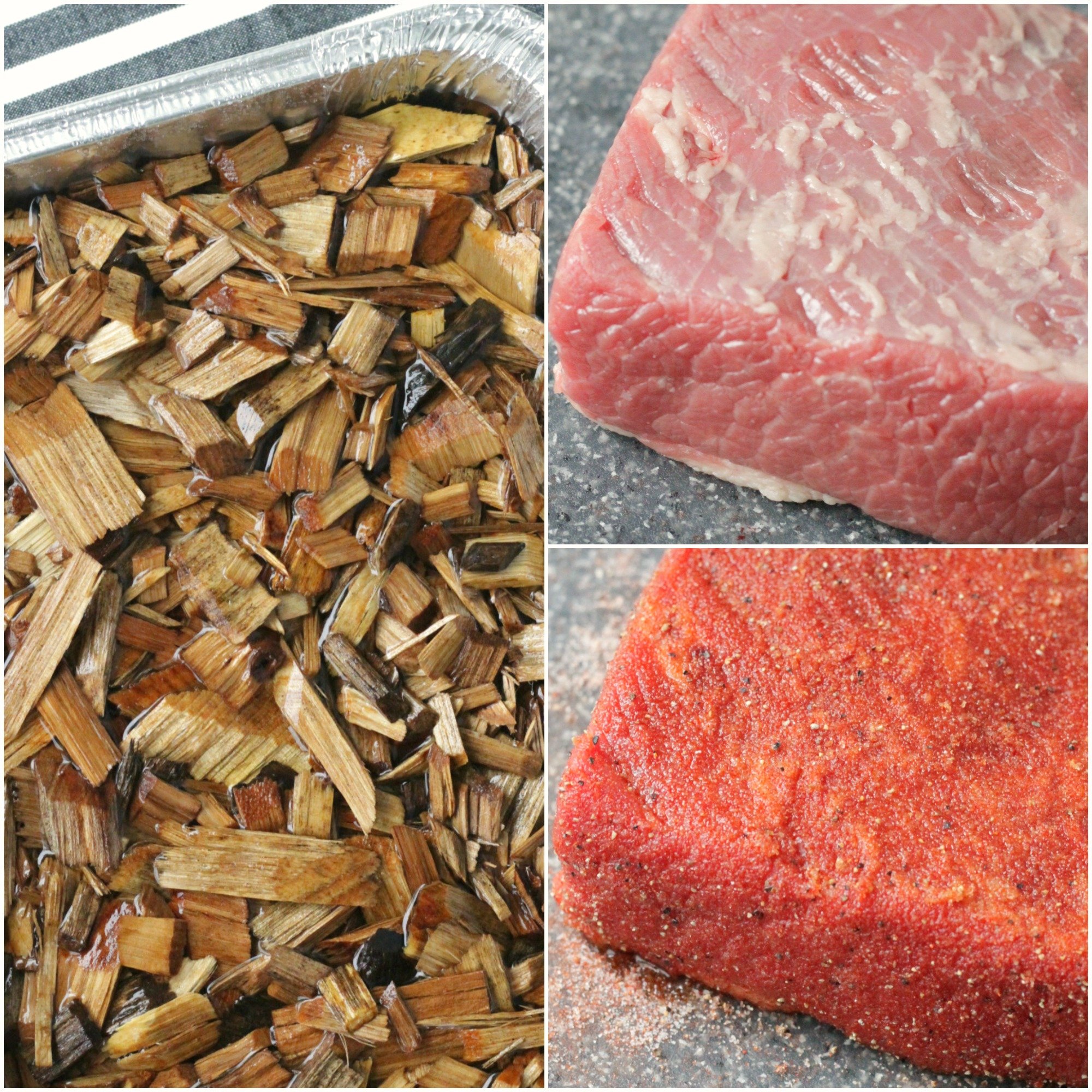 collage of soaking wood chips and raw brisket both with and without rub