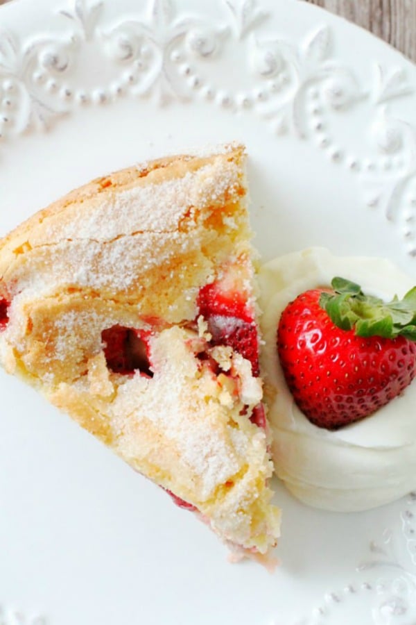 overhead view of french strawberry cake slice