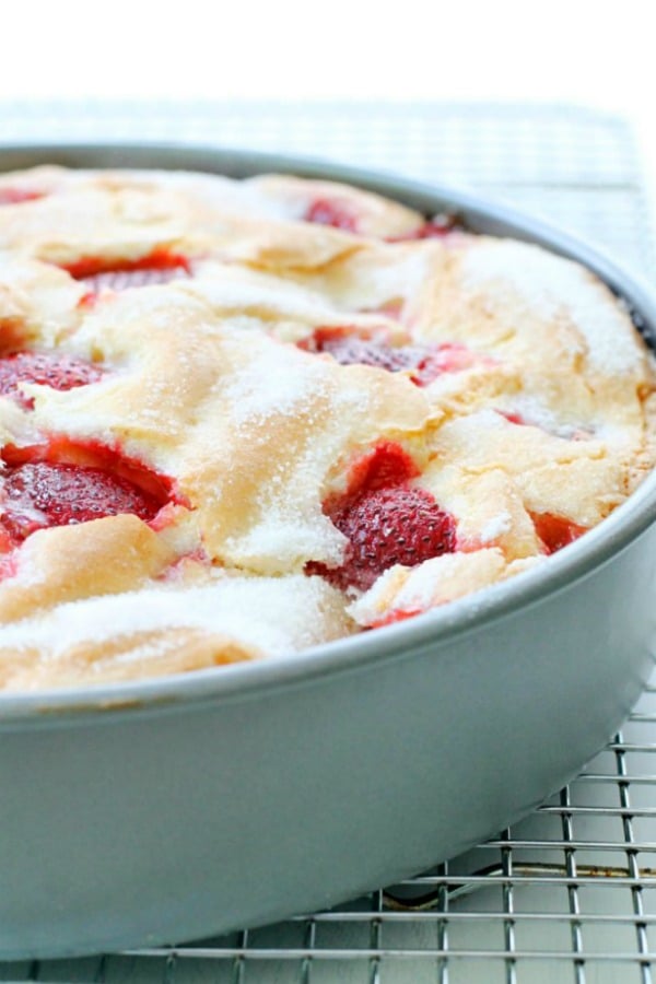 side view of french strawberry cake in pan