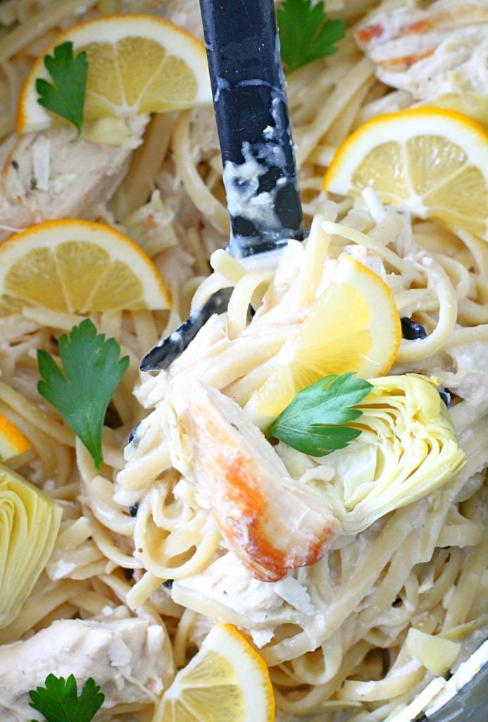 Slow Cooker Creamy Lemon Chicken and Artichoke Pasta by Foodtastic Mom