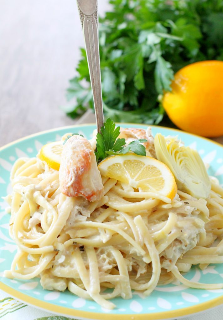 Slow Cooker Creamy Lemon Chicken and Artichoke Pasta by Foodtastic Mom