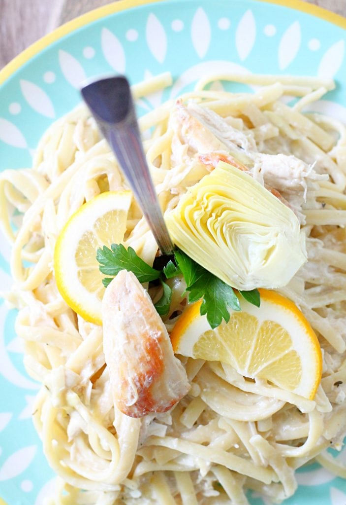 Slow Cooker Creamy Lemon Chicken and Artichoke Pasta by Foodtastic Mom