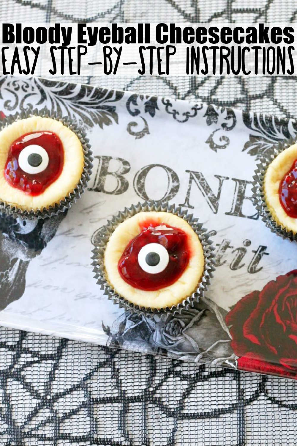 Bloody Eyeball Cheesecakes put the trick in a very delicious treat of white chocolate cheesecakes with an Oreo crust and raspberry topping. via @foodtasticmom