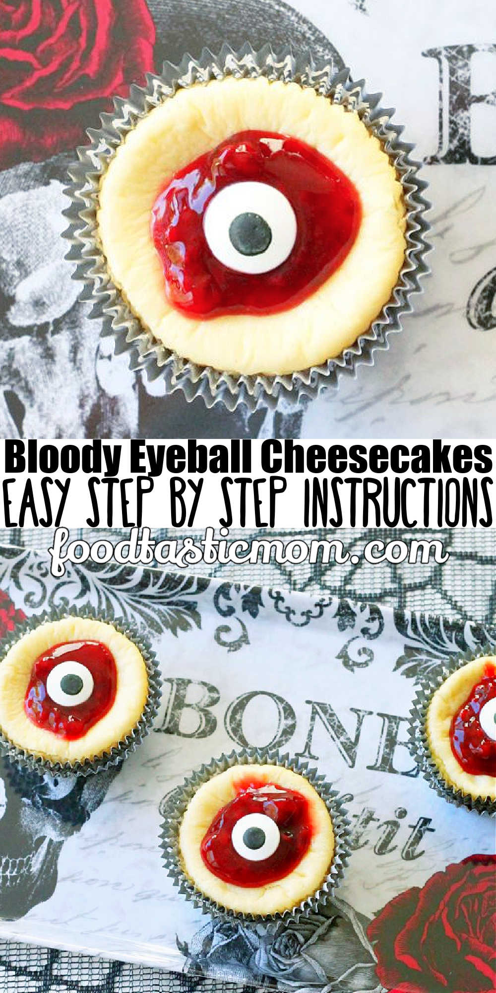 Bloody Eyeball Cheesecakes put the trick in a very delicious treat of white chocolate cheesecakes with an Oreo crust and raspberry topping. via @foodtasticmom