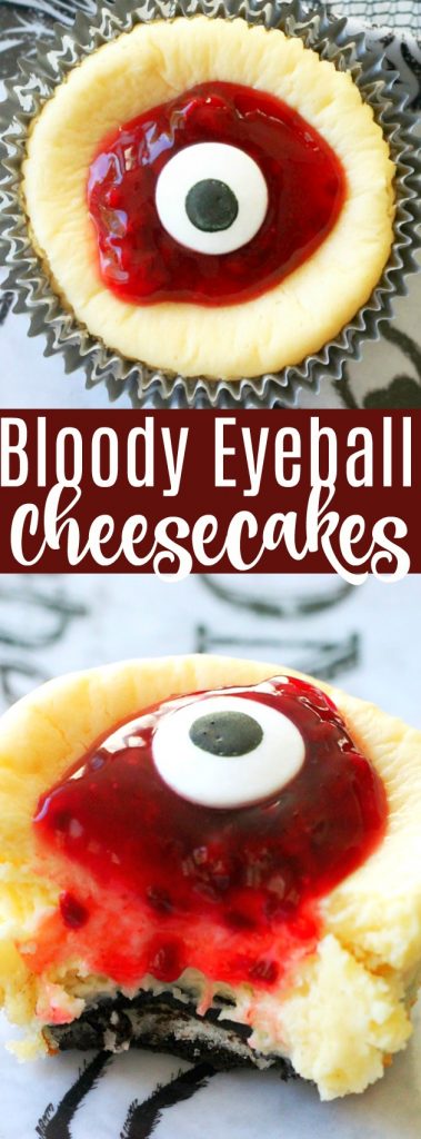 Bloody Eyeball Cheesecakes put the trick in a very delicious treat of white chocolate cheesecakes with an Oreo crust and raspberry topping. via @foodtasticmom