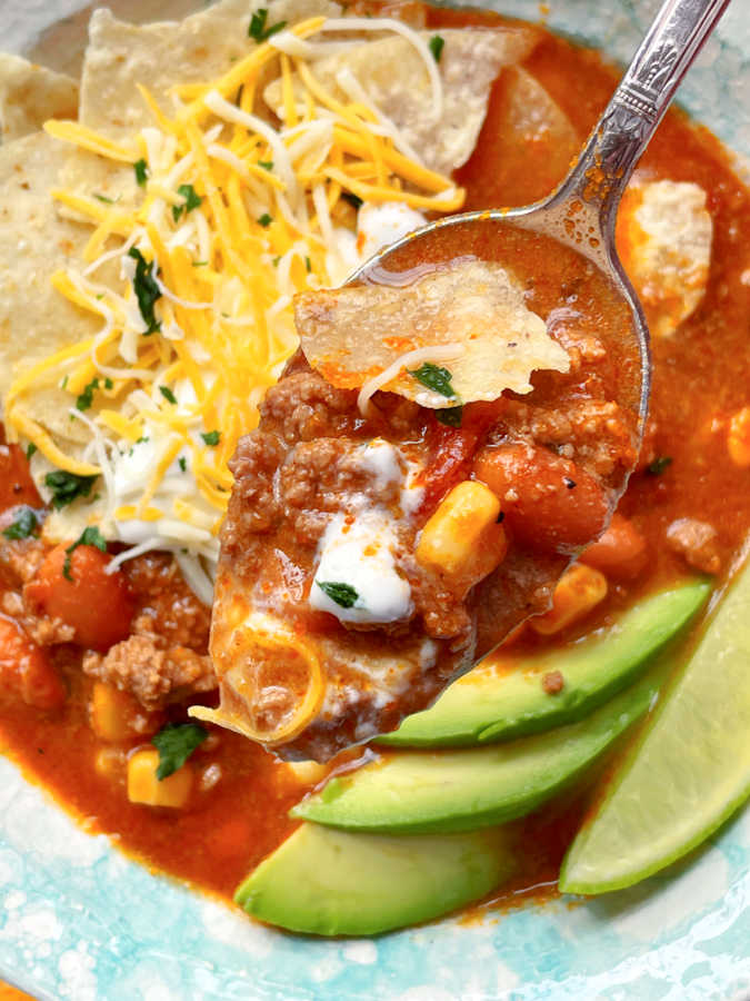 a spoonful of slow cooker beef taco soup