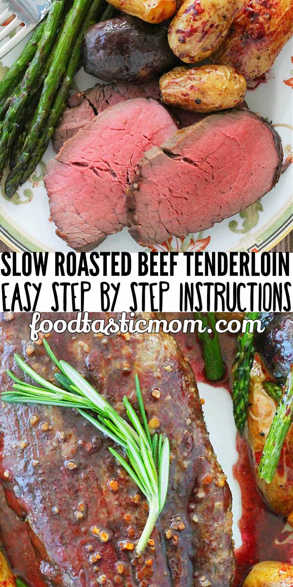 Slow Roasted Beef Tenderloin with a simple red wine pan sauce is the most delicious, show stopping centerpiece for your holiday dinner table. via @foodtasticmom